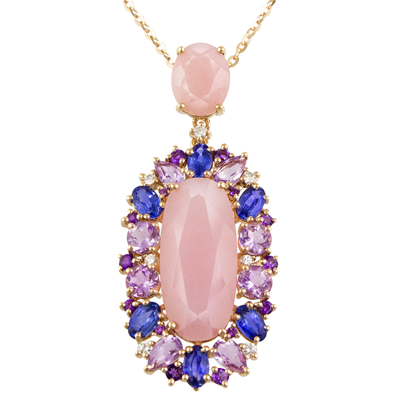 14kt Rose Gold Necklace Diamodns 0.14ct, Pink Opal 7.10ct, Amethyst 0.31ct, Fancy Sapphire 3.40ct